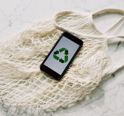 mobile phone with green recycling sign and mesh bag